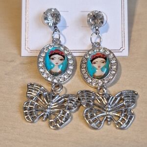 Baby Frida Kahlo Silver and Blue Fashion Earrings